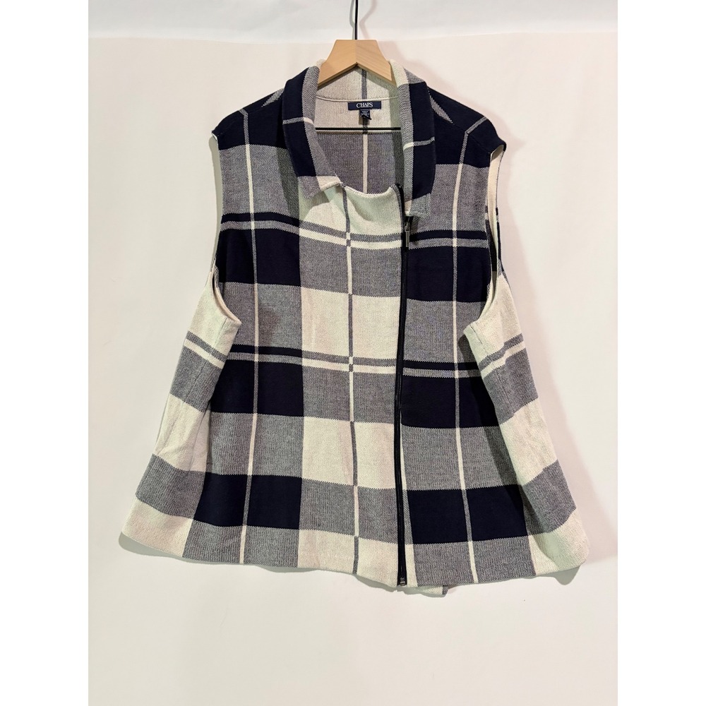 Chaps Vest Full Zip Navy White Plaid 3X Outdoor Inspired Cozy Knit Plaid Preppy